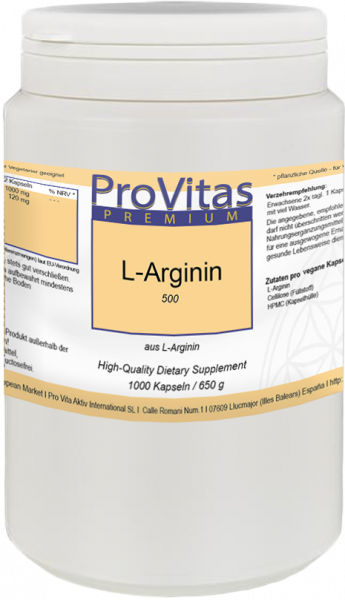L Arginine 500 mg, 1000 Vega Caps, Bulk