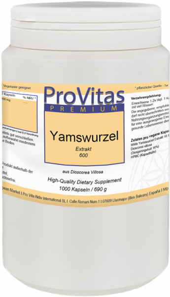 Yams Root Extract 600 mg, 1000 Vega Caps., Bulk