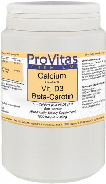 Calcium Citrate Vit D3 Beta Carotene á 450mg 1000 vegan capsules