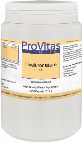 Hyaluronsäure Kps. á 20 mg, 50 mg Vit. C, 1000 Vega Kps. Bulk