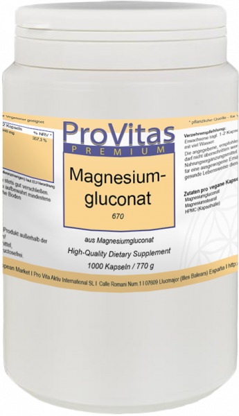 Magnesium gluconate á 670mg 1000 vegan capsules