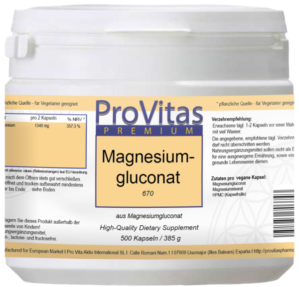 Magnesium gluconate á 670mg 500 vegan capsules