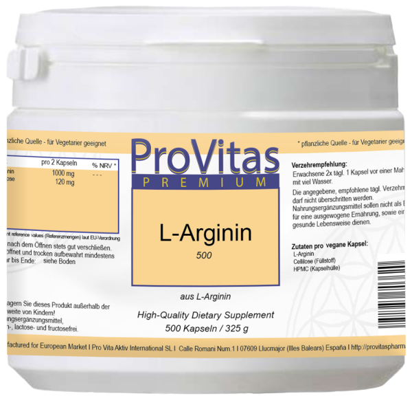 L Arginine 500 mg, 500 Vega Caps, Bulk